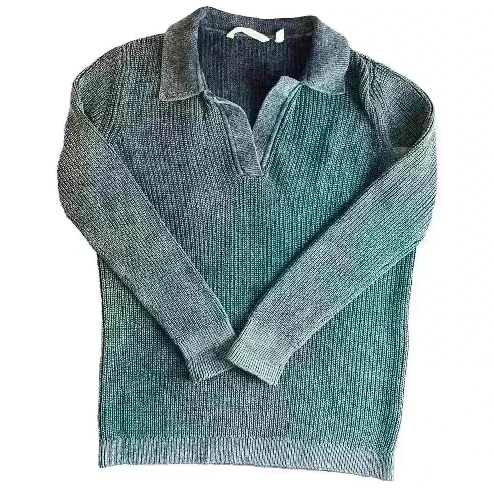 Soft Surroundings Chunky V-Neck Sweater Sz Medium Johnny Collar Blue Distressed